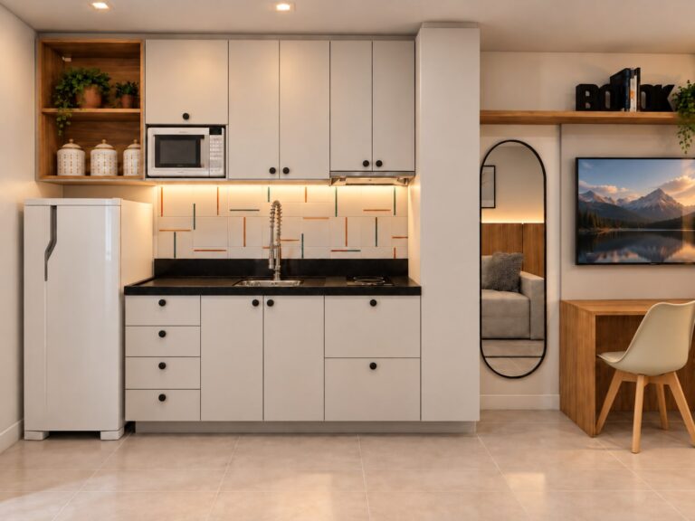 Cozinha com marcenaria planejada em projeto da Fraga & Santos Arquitetura Completa, em Porto Alegre.