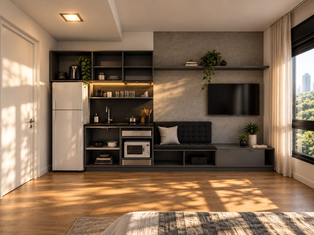 Cozinha integrada à sala em projeto da Fraga & Santos em Porto Alegre